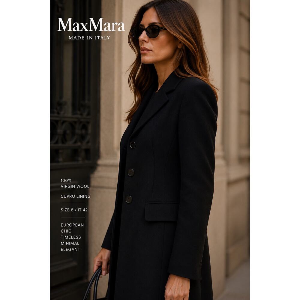 Max Mara Made In Italy Virgin Wool Longline Blazer Coat Black Quiet Luxury 8 - Picture 2 of 16